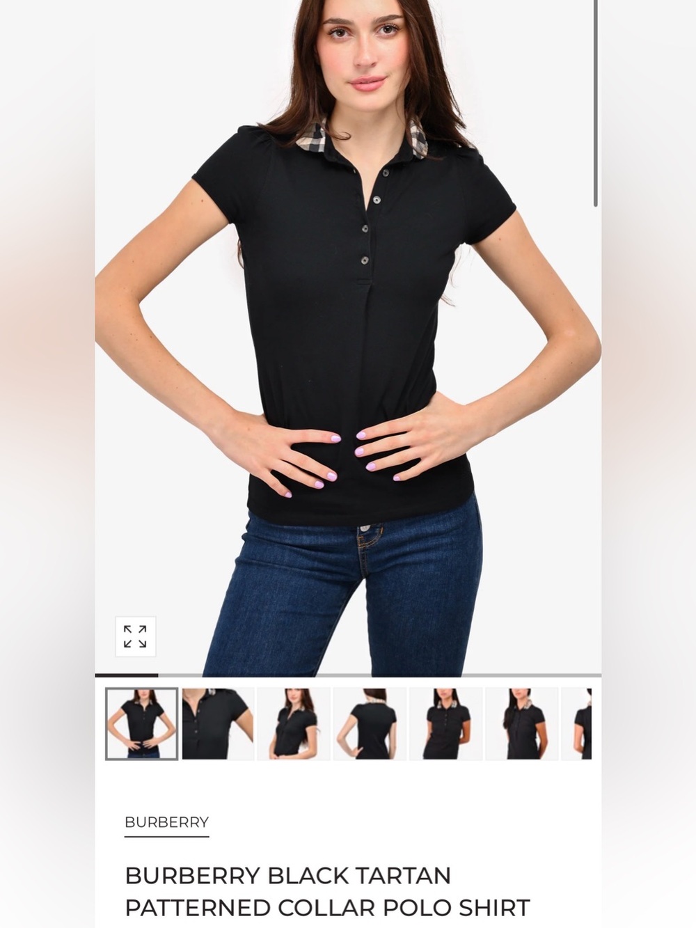 Burberry Black Short-Sleeve Button-Down Polo with Tartan Collar Trim (Medium)